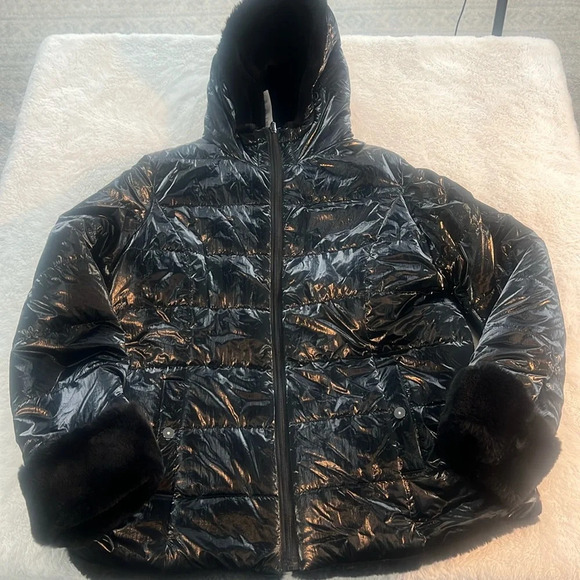 NEW Joseph Ribkoff Sz L Black Reversible Faux Fur Quilted Puffer Coat - Picture 4 of 16